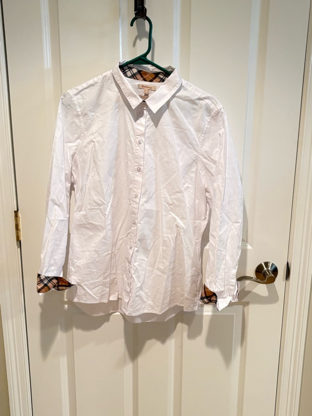 Barbour White Button-Up Dress Shirt with Plaid Trim - Women’s